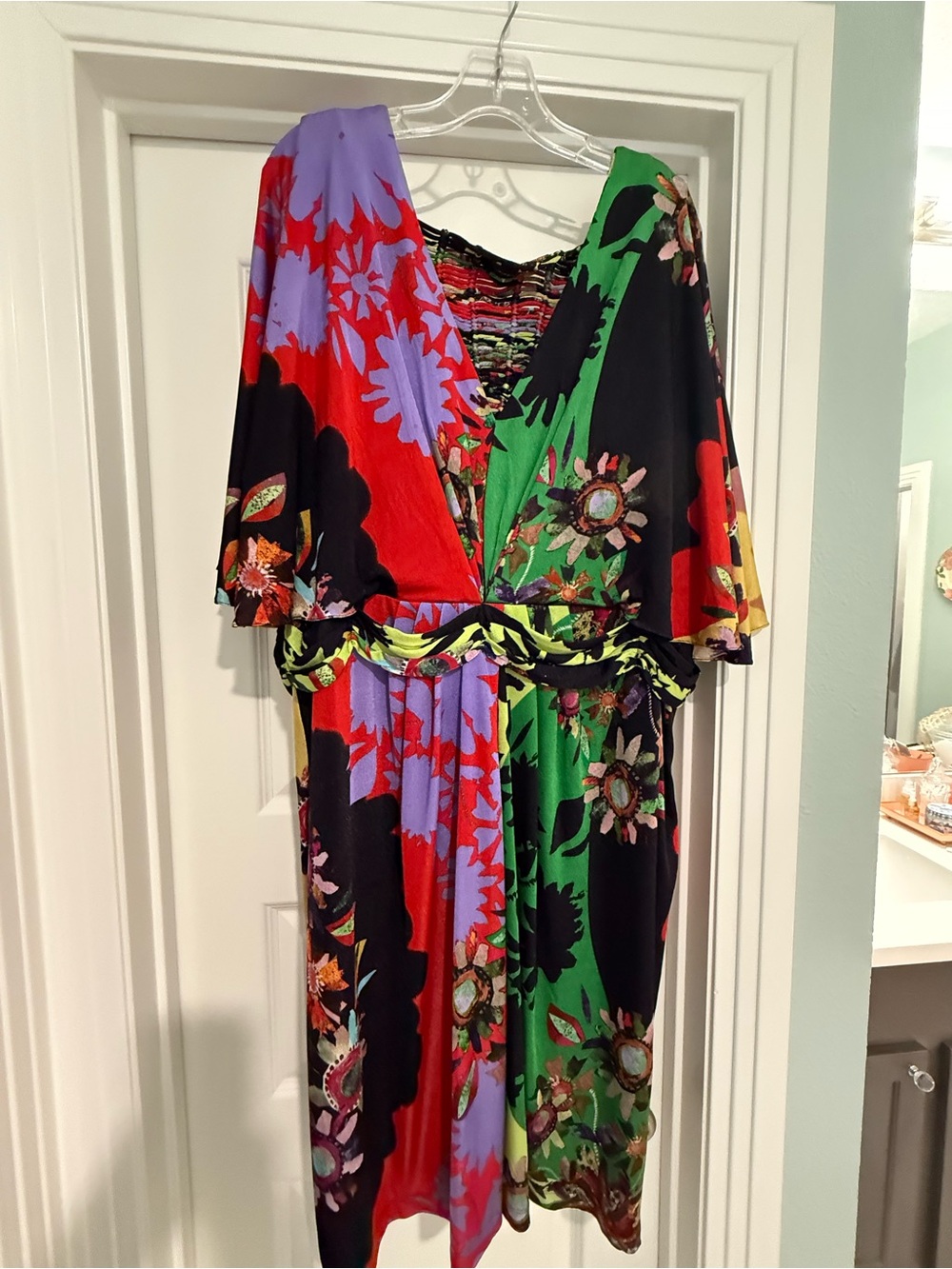 Anthropologie Mixed Floral V-Neck Midi Dress in Red, Green, Purple, Black